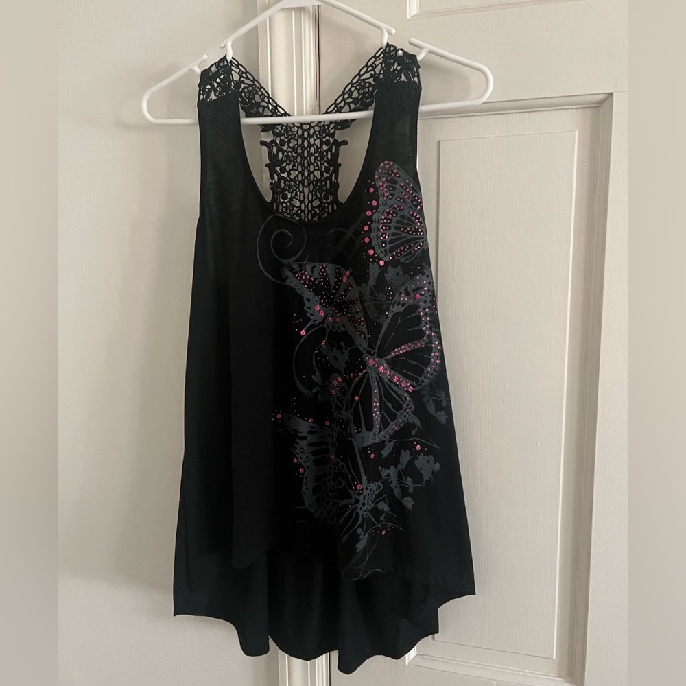 Hybird Black & Pink BLINGY Butterfly High Low Tank Top size Medium EUC